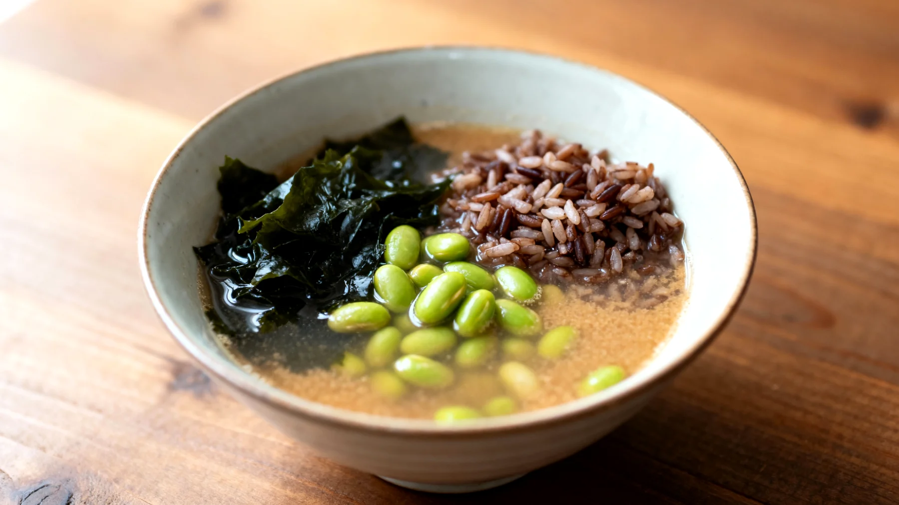 Zuppa di miso con alghe wakame, edamame e riso integrale"