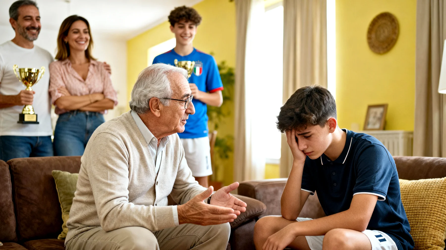 Il nonno si trova a gestire la gelosia del nipote adolescente nei confronti del fratello minore, che riceve più attenzioni dai genitori per via di un recente successo scolastico o sportivo, creando tensioni durante le visite e momenti insieme"