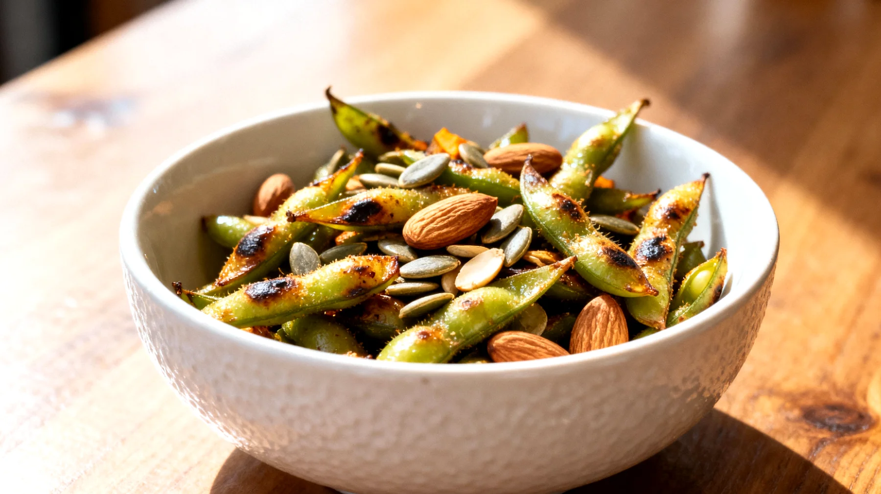 Edamame tostati con semi di zucca e mandorle"