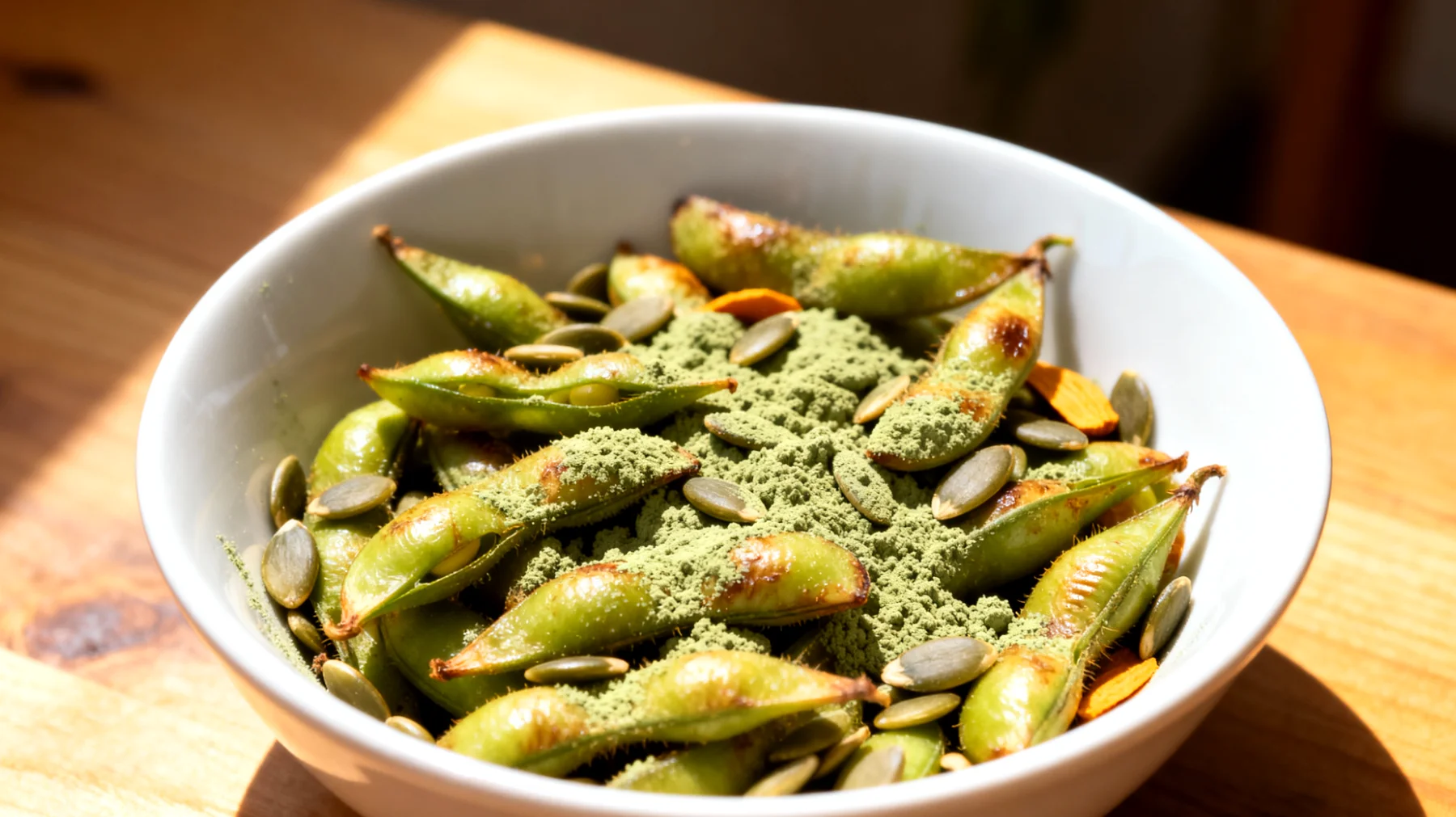 Edamame tostati con semi di zucca e spirulina"