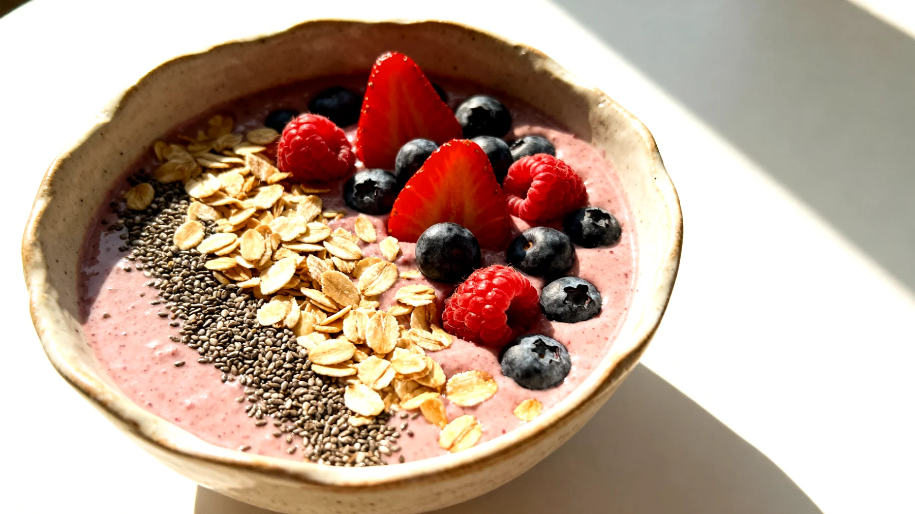 Smoothie bowl con avena, semi di chia e frutti di bosco"